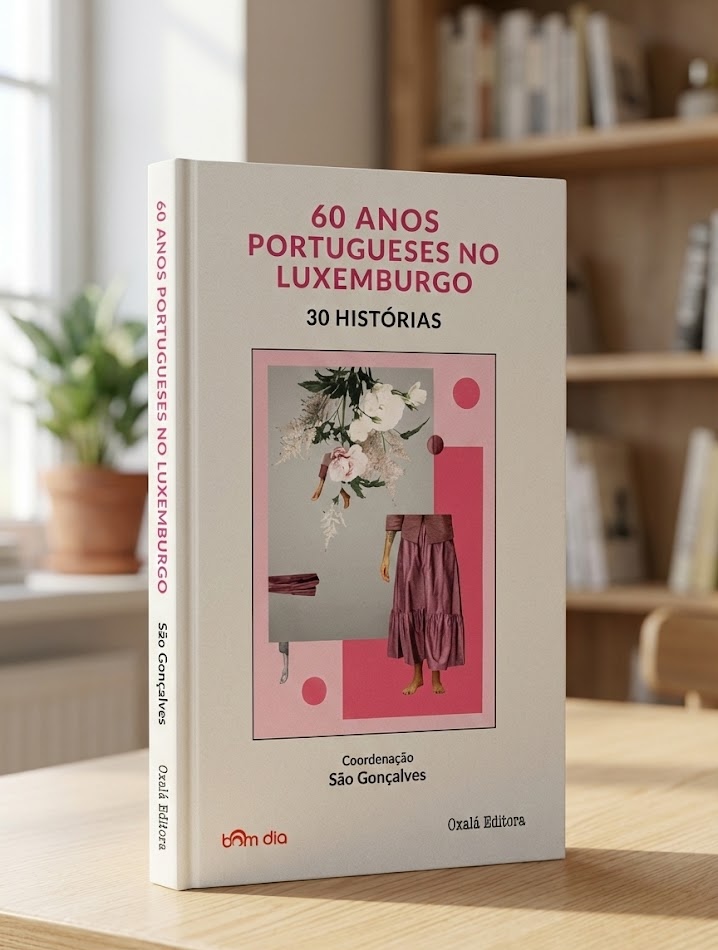 Livro 60 Anos Portugueses no Luxemburgo — mockup do livro em pé